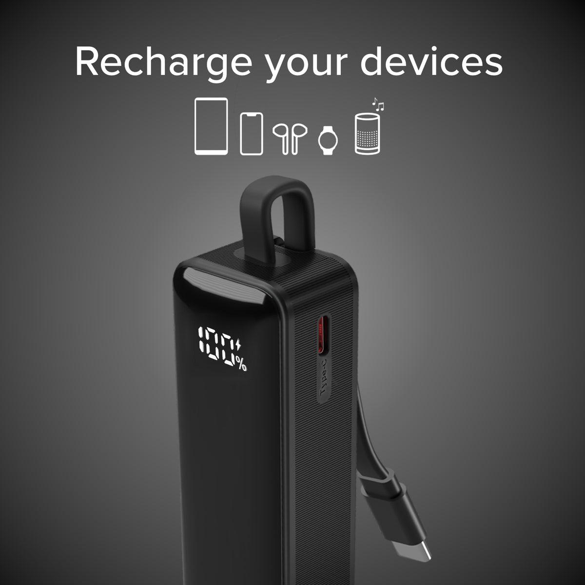5000 mAh-Powerbank mit integriertem USB-C Kabel und Display
