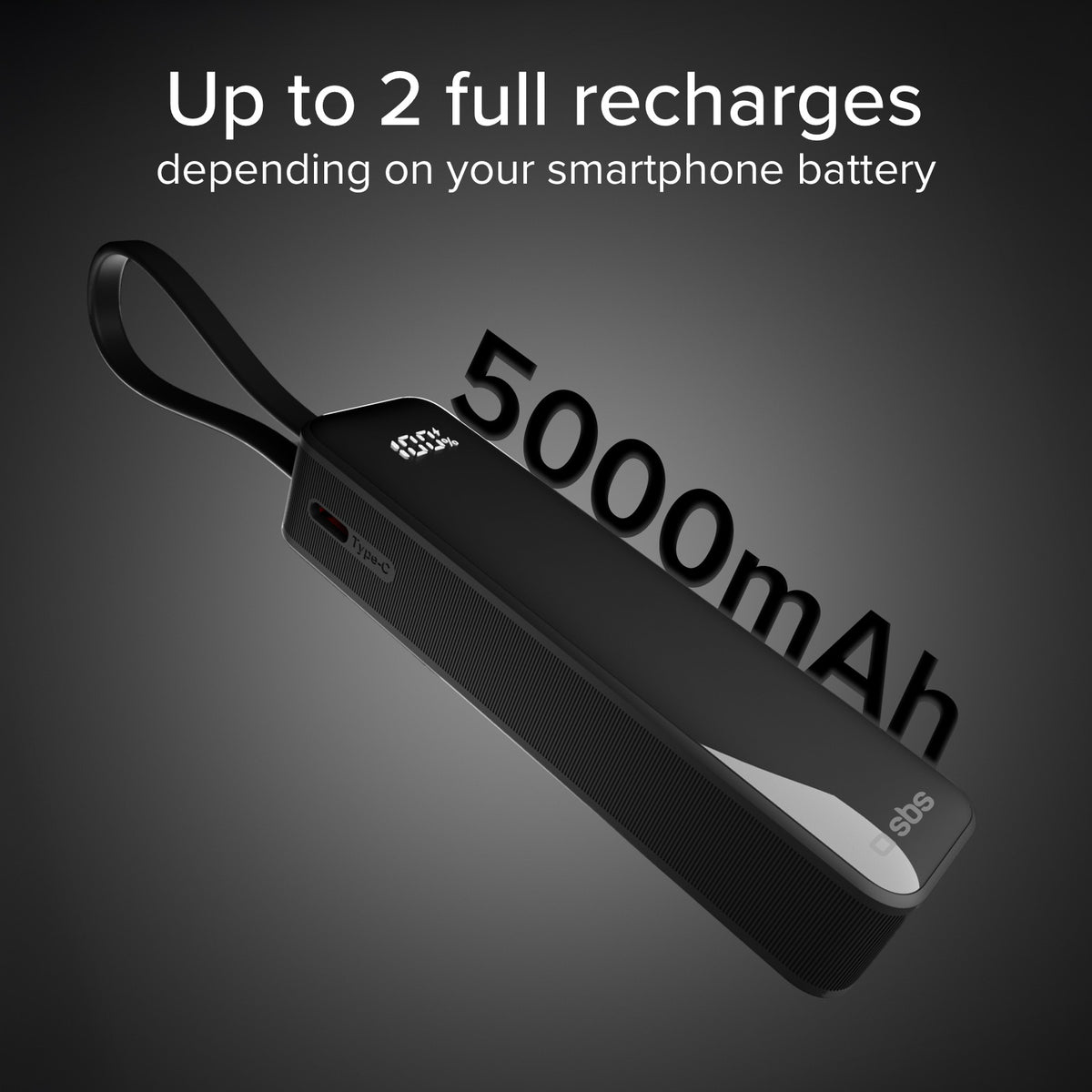 5000 mAh-Powerbank mit integriertem USB-C Kabel und Display