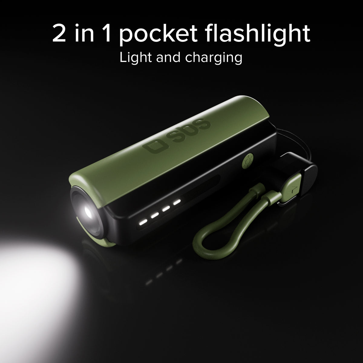 Compact 5000 mAh Power Bank with LED torch, 10 W USB-C port, USB-C cable included, ideal for camping and outdoor use
