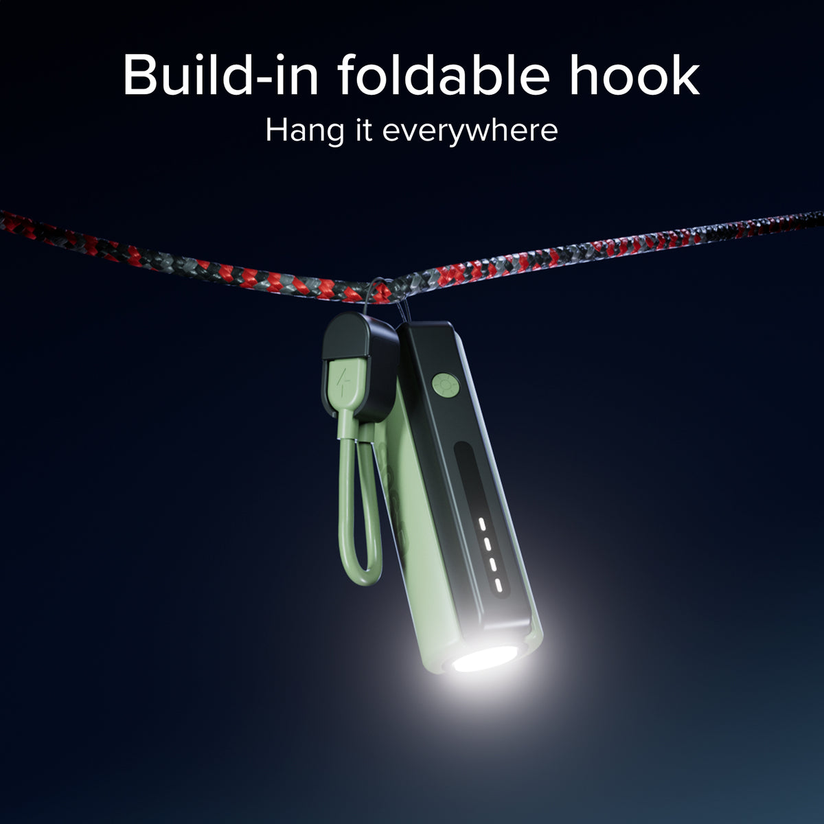 Compact 5000 mAh Power Bank with LED torch, 10 W USB-C port, USB-C cable included, ideal for camping and outdoor use