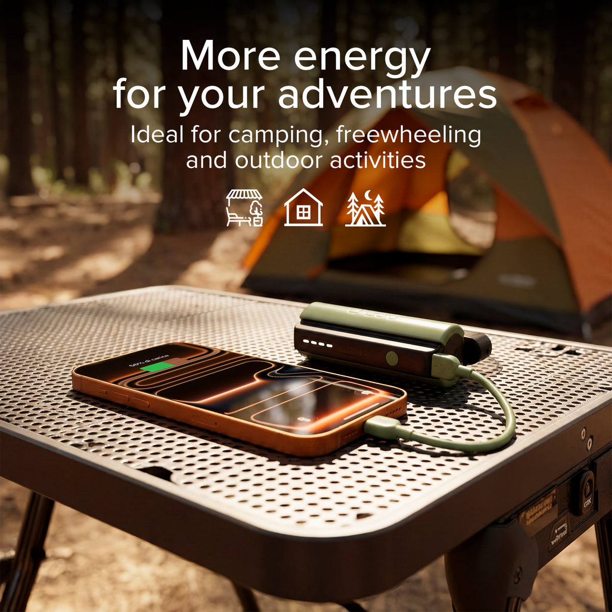 Compact 5000 mAh Power Bank with LED torch, 10 W USB-C port, USB-C cable included, ideal for camping and outdoor use
