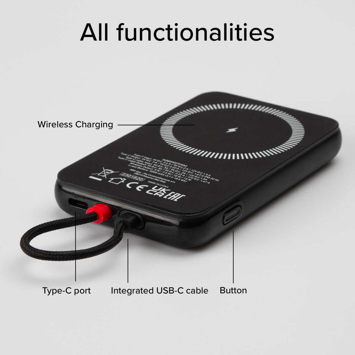 Powerbank da 5000 mAh con cavetto integrato USB-C compatibile ricarica MagSafe