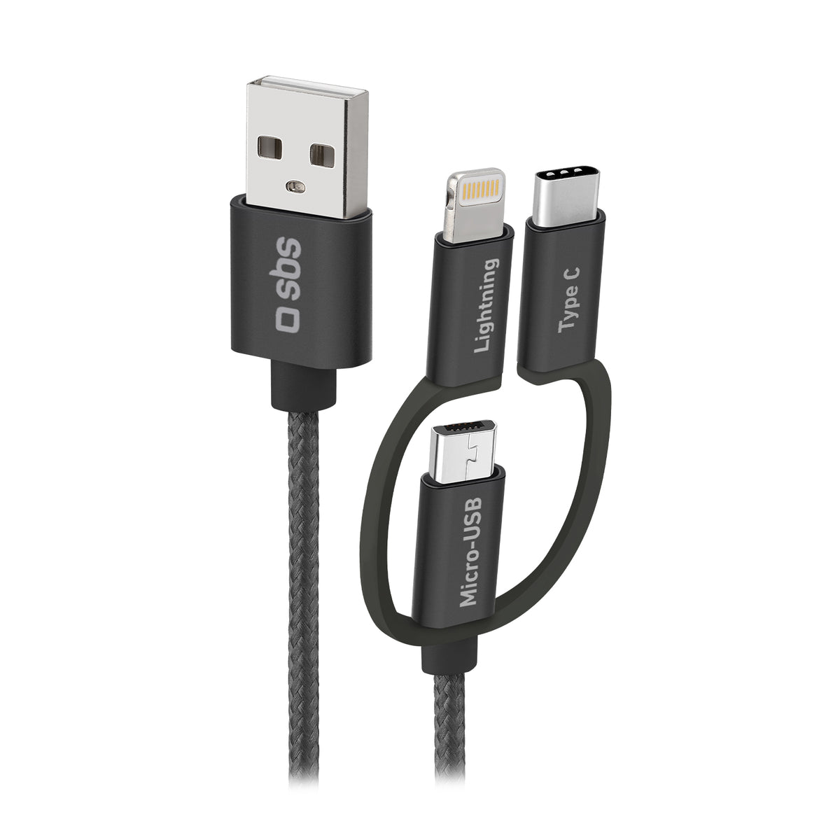 USB-auf-Micro-USB-Kabel mit Lightning- und USB-C-Adaptern