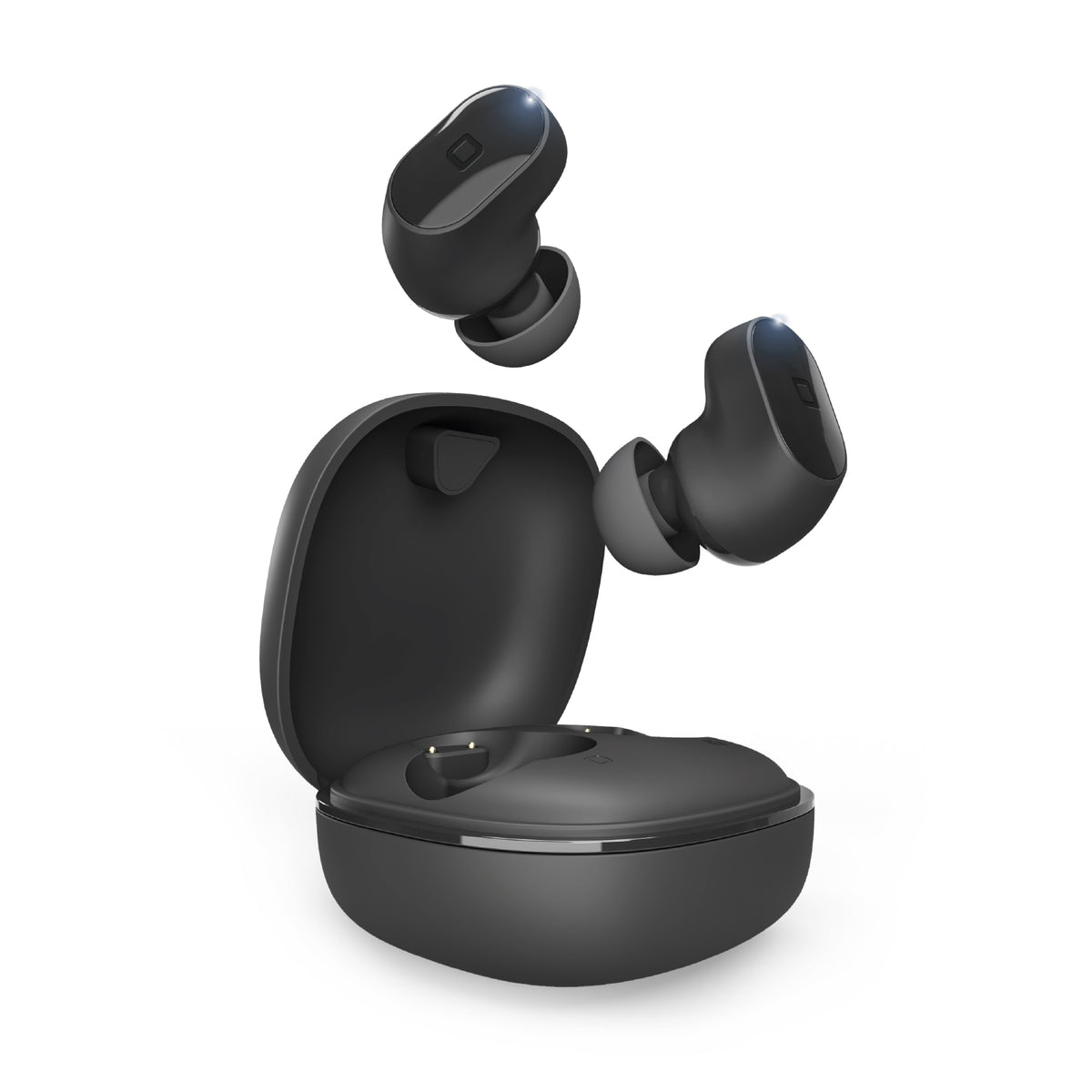 IPX4 water-resistant TWS earphones with touch controls, a charging case and voice assistant features, supplied with a charging cable and rubber tips
