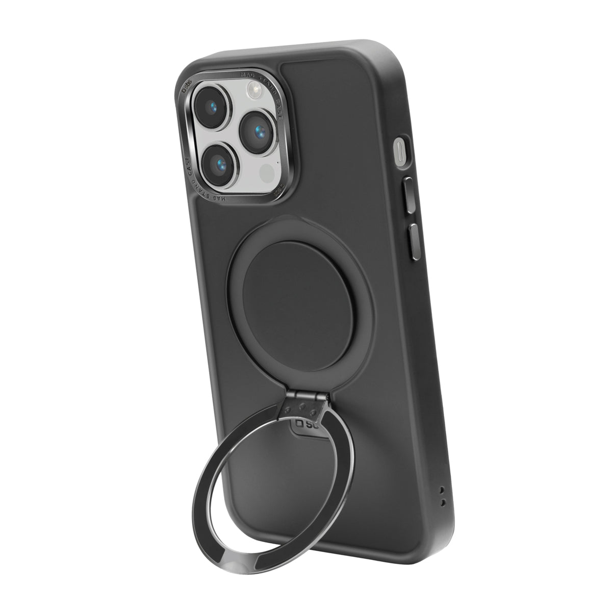 Funda compatible con carga MagSafe con acabados metálicos y anillo con función stand para iPhone 14 Pro Max