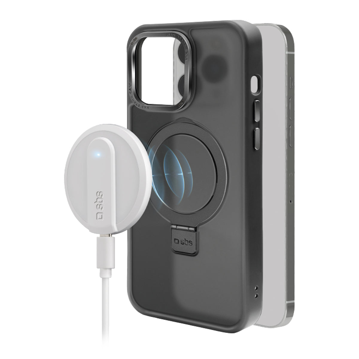 Funda compatible con carga MagSafe con acabados metálicos y anillo con función stand para iPhone 14 Pro Max