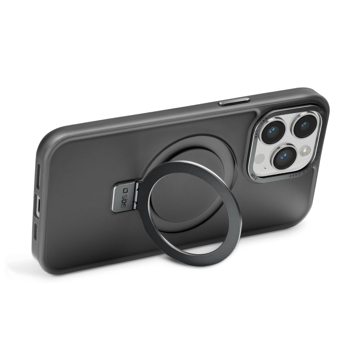 Funda compatible con carga MagSafe con acabados metálicos y anillo con función stand para iPhone 14 Pro Max