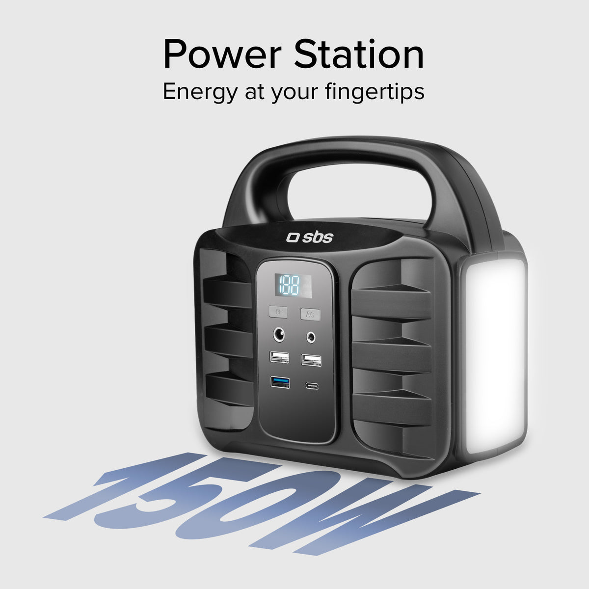 Estación de carga portátil de 150 vatios con USB-A, USB-C, toma CA, toma DC
