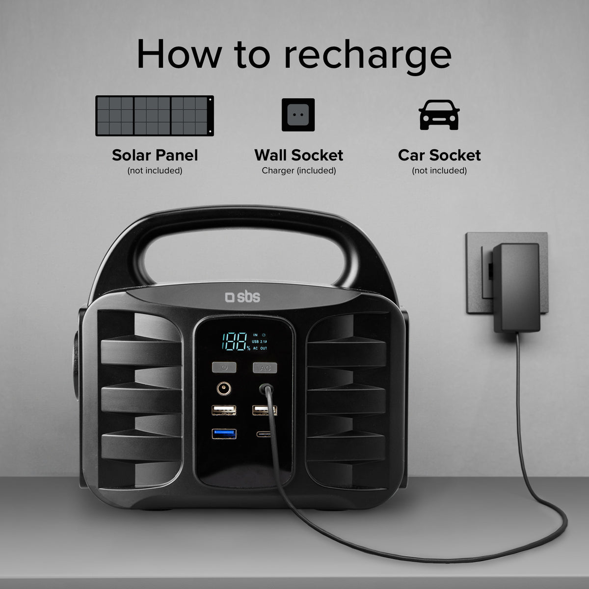 Estación de carga portátil de 150 vatios con USB-A, USB-C, toma CA, toma DC