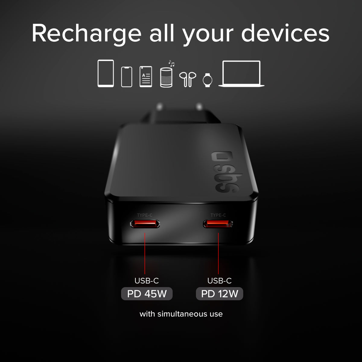 Caricatore da muro 65W USB-C Ultra Slim con Doppia Uscita