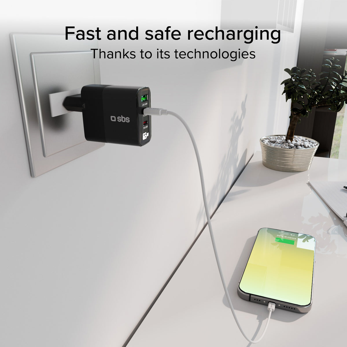 65-Watt-Ladegerät mit LCD-Display, 2 USB-C-Ausgängen für die Stromversorgung und 1 USB-A-Ausgang für die adaptive Schnellladung