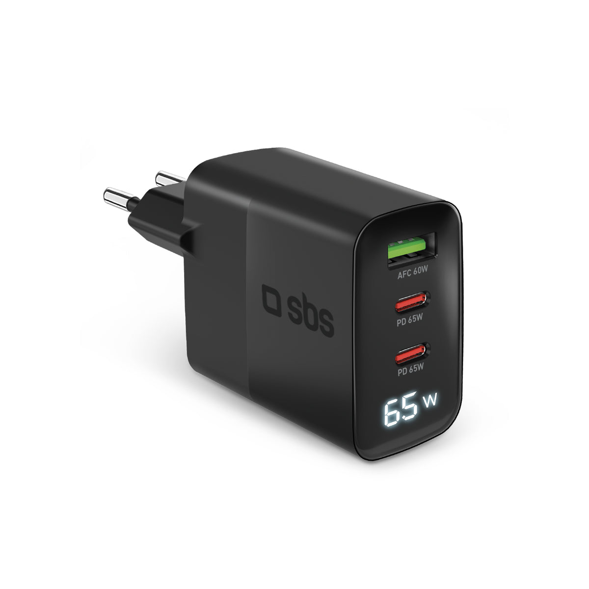 65-Watt-Ladegerät mit LCD-Display, 2 USB-C-Ausgängen für die Stromversorgung und 1 USB-A-Ausgang für die adaptive Schnellladung