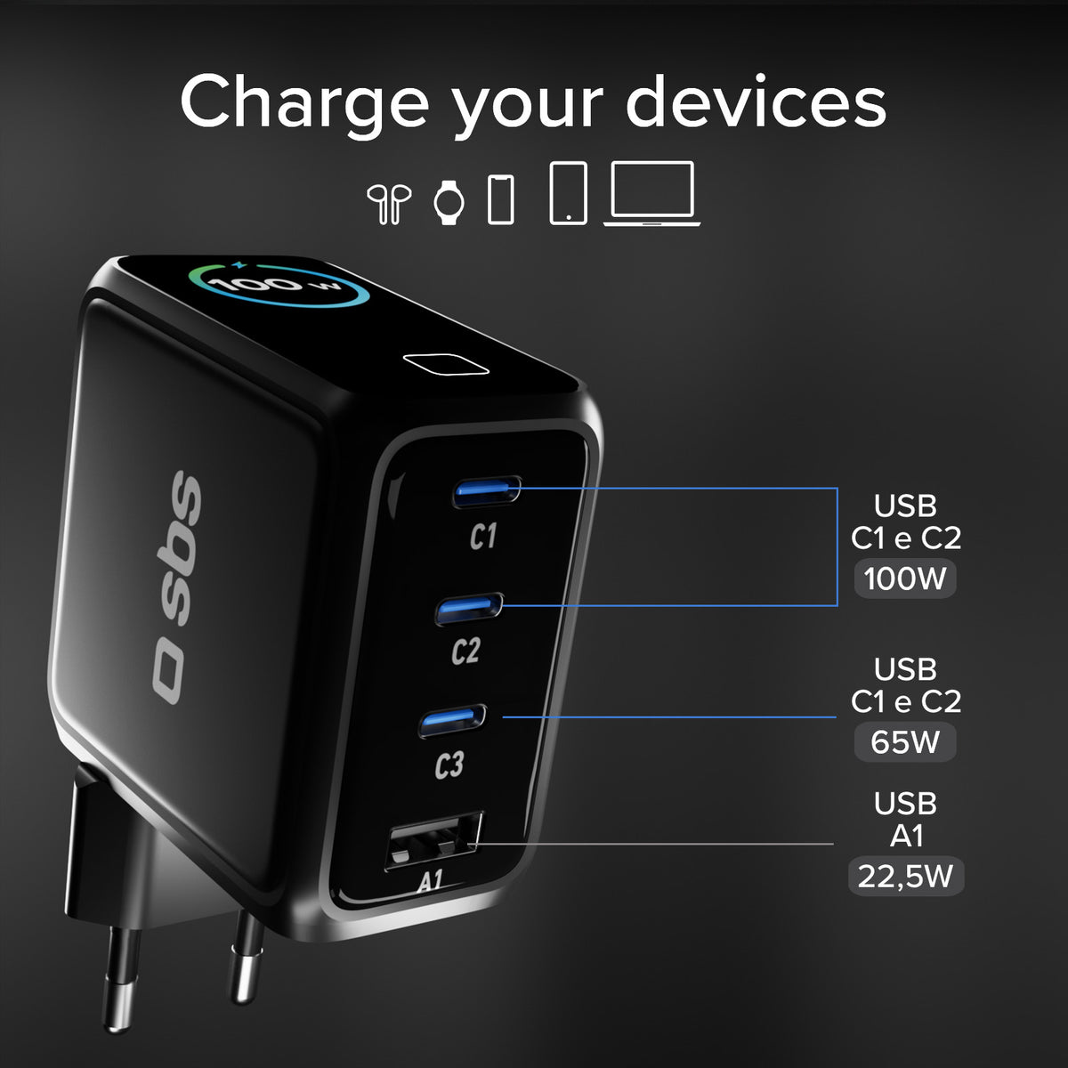 100 W USB-C charger with TFT display and 4 ports to quickly charge smartphones, tablets, laptops