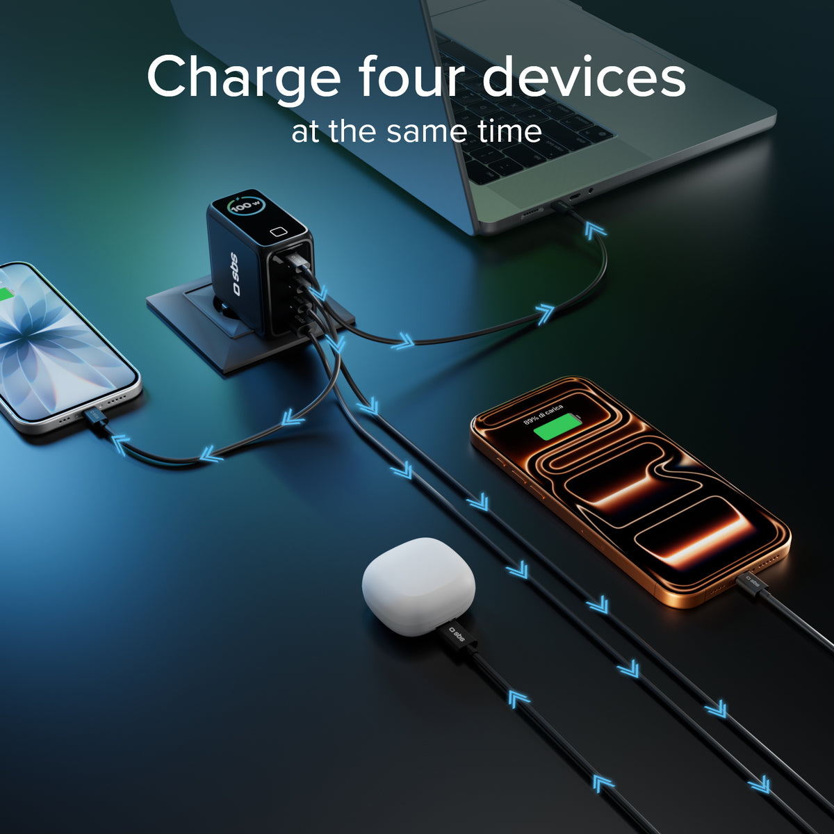 100 W USB-C charger with TFT display and 4 ports to quickly charge smartphones, tablets, laptops