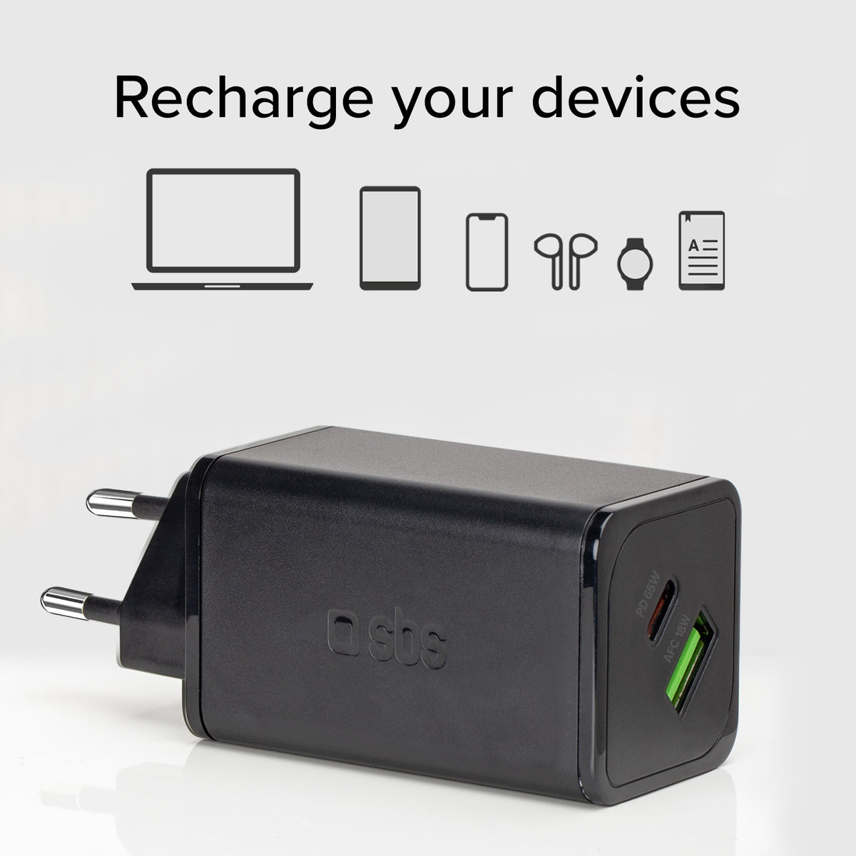 Chargeur GaN 65W USB‑C PD + USB‑A AFC