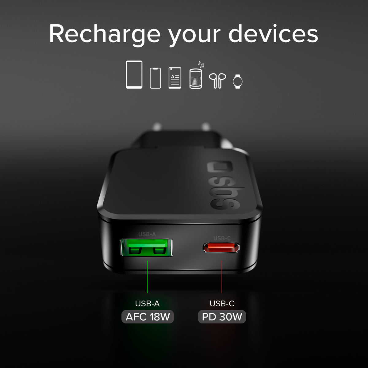 30W USB-C Power Delivery und USB-A Fast Charge Slim-Wandladegerät