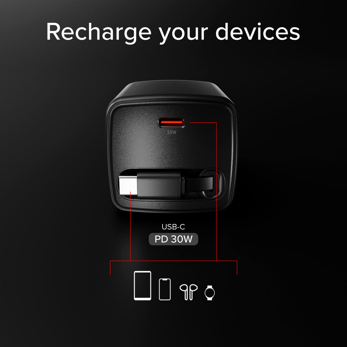 Chargeur GaN USB-C 30W avec câble rétractable