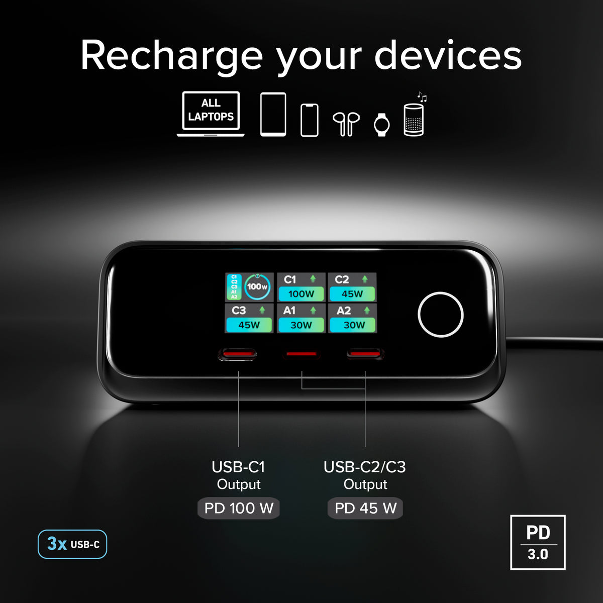 100W Power Delivery Tischladestation mit TFT-Display, 3 USB-C- und 2 USB-A-Anschlüssen, ideal für Laptops