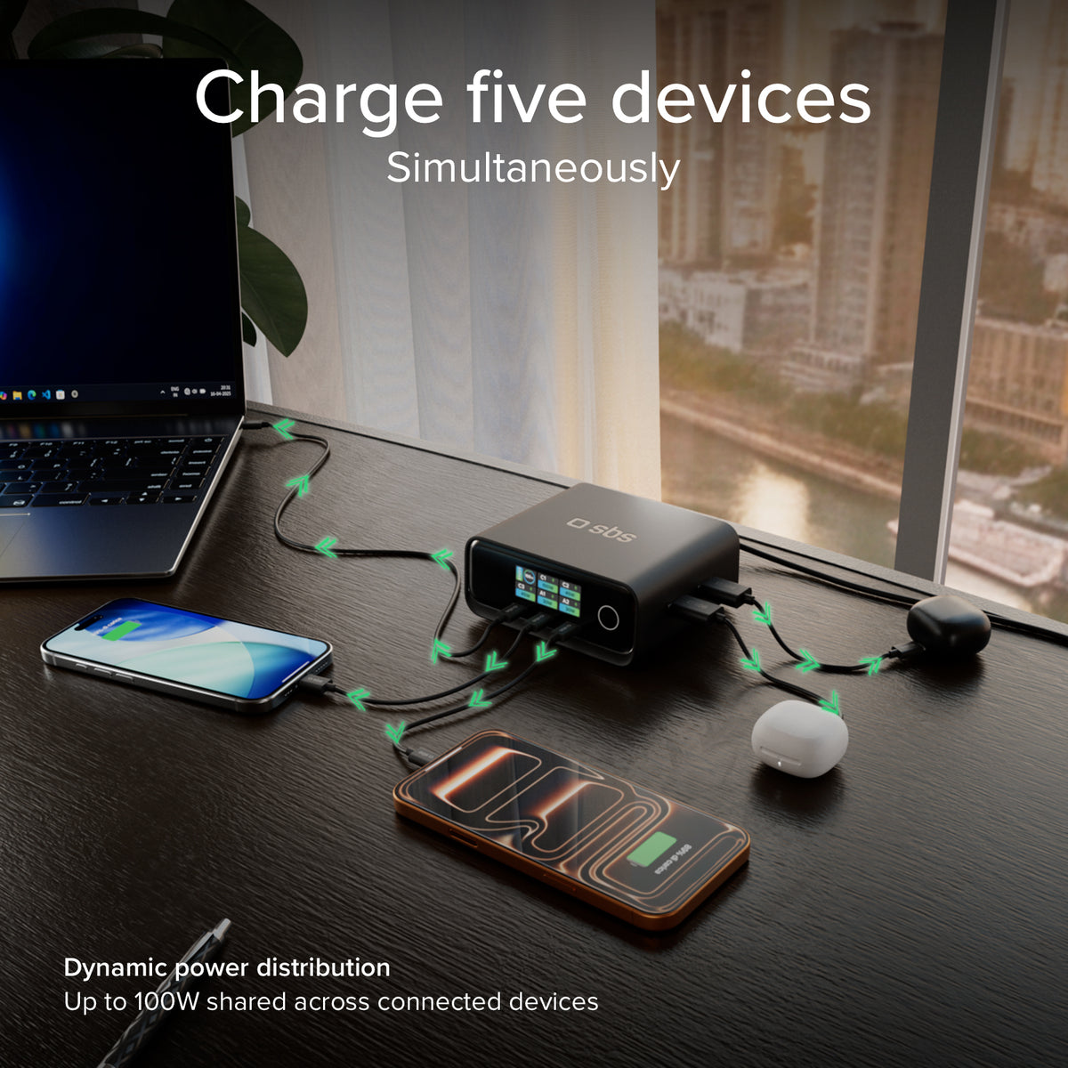 100W Power Delivery Tischladestation mit TFT-Display, 3 USB-C- und 2 USB-A-Anschlüssen, ideal für Laptops