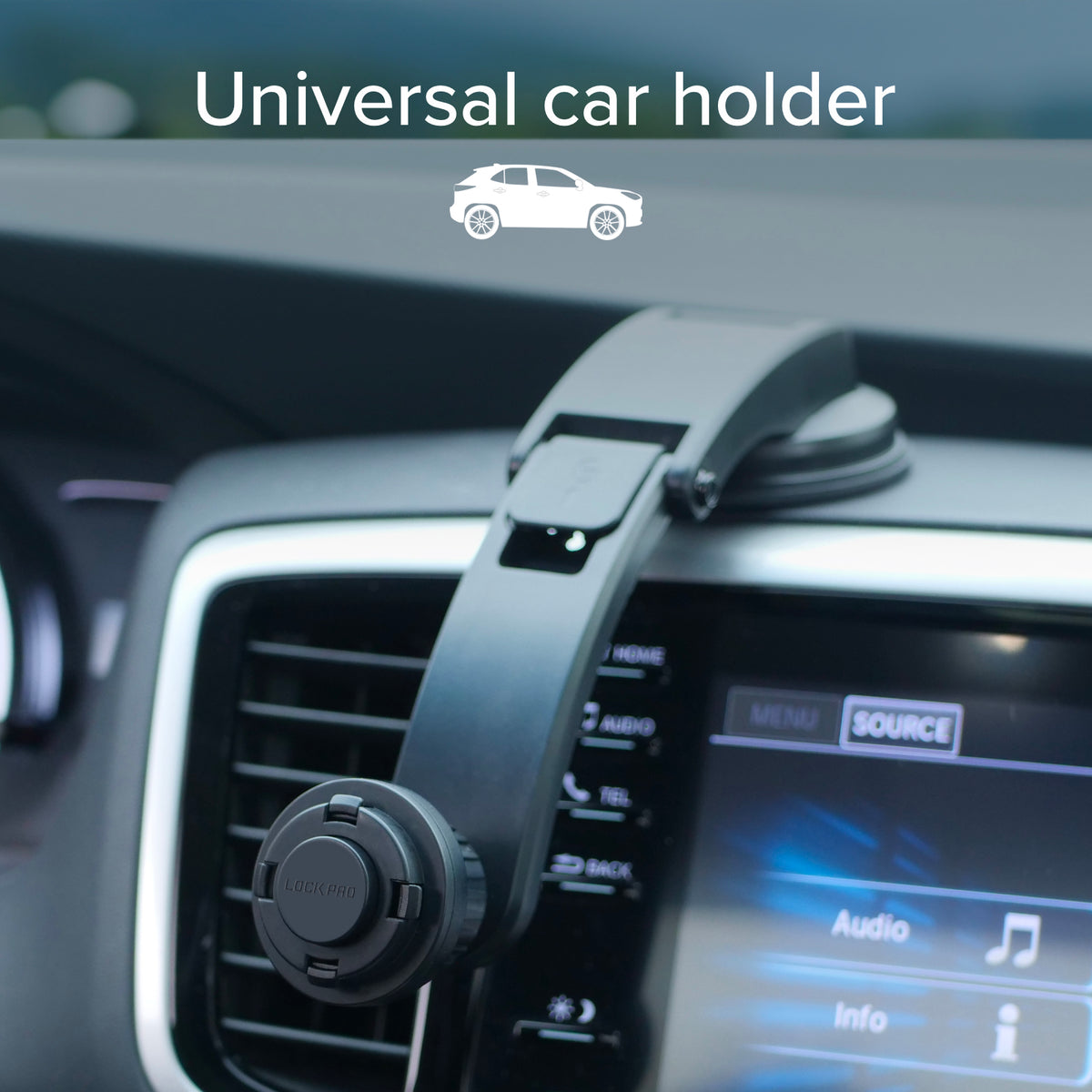 Soporte de coche para parabrisas o salpicadero con sistema de bloqueo LockPro
