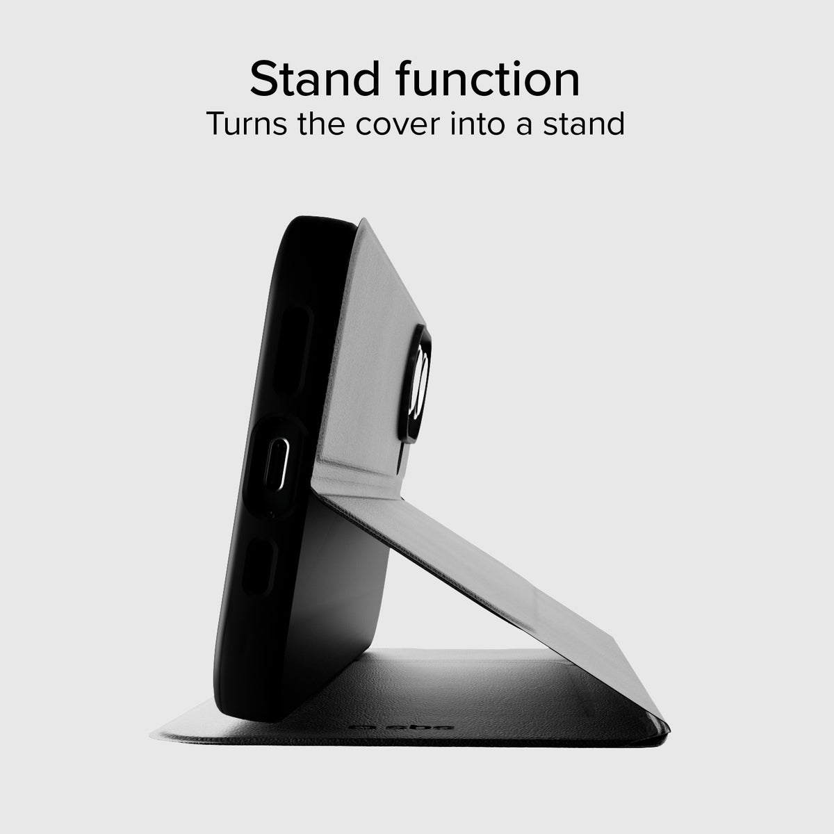 Book-style case with stand support and soft touch surface for iPhone 16