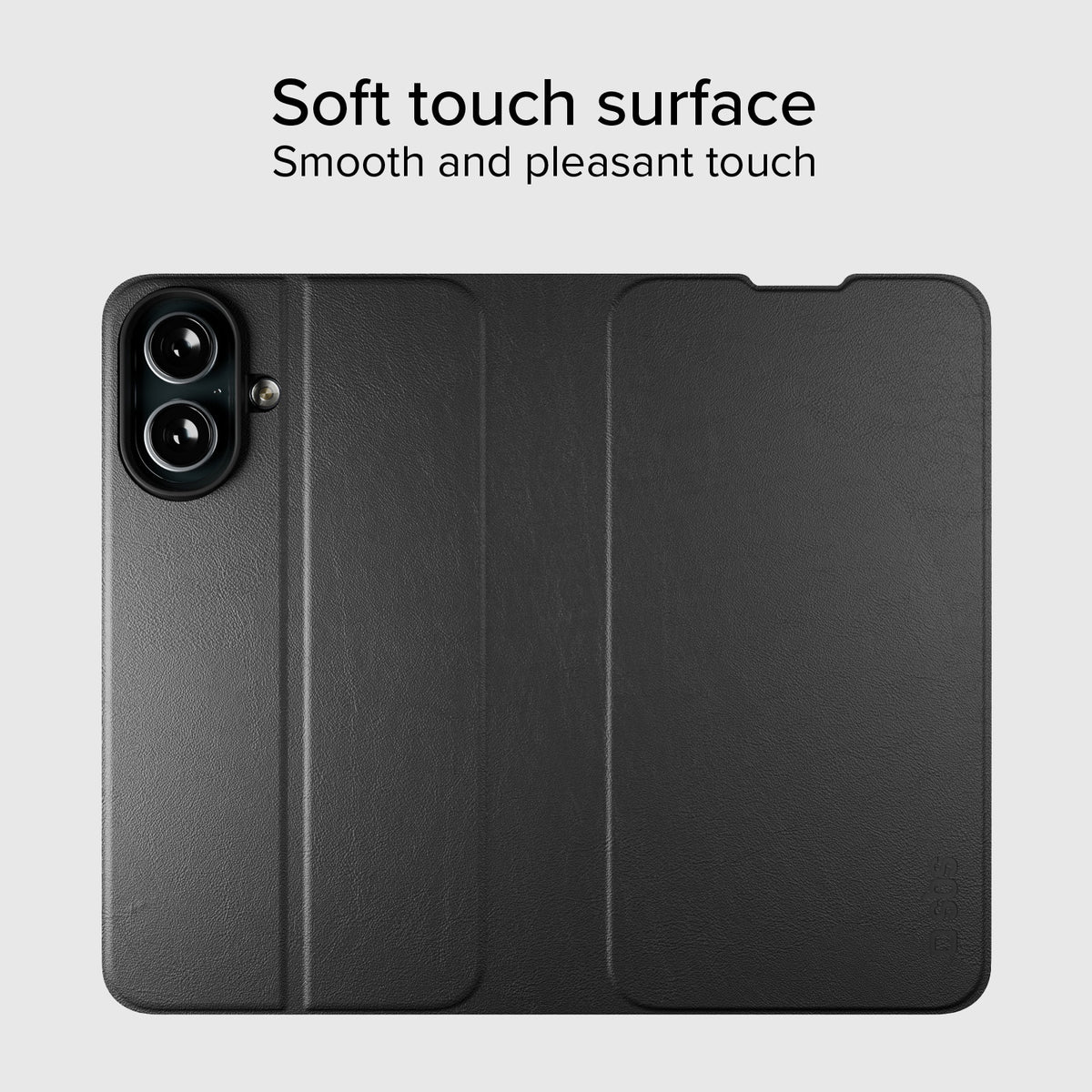 Book-style case with stand support and soft touch surface for iPhone 16 Plus