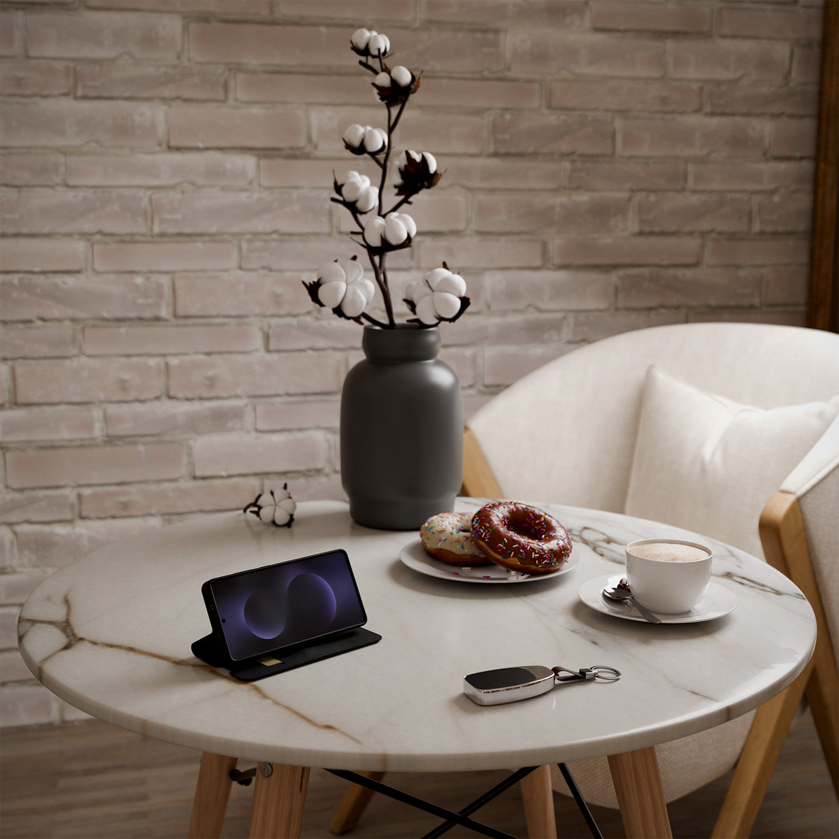 Book-style case with stand support and soft touch surface for Samsung S26