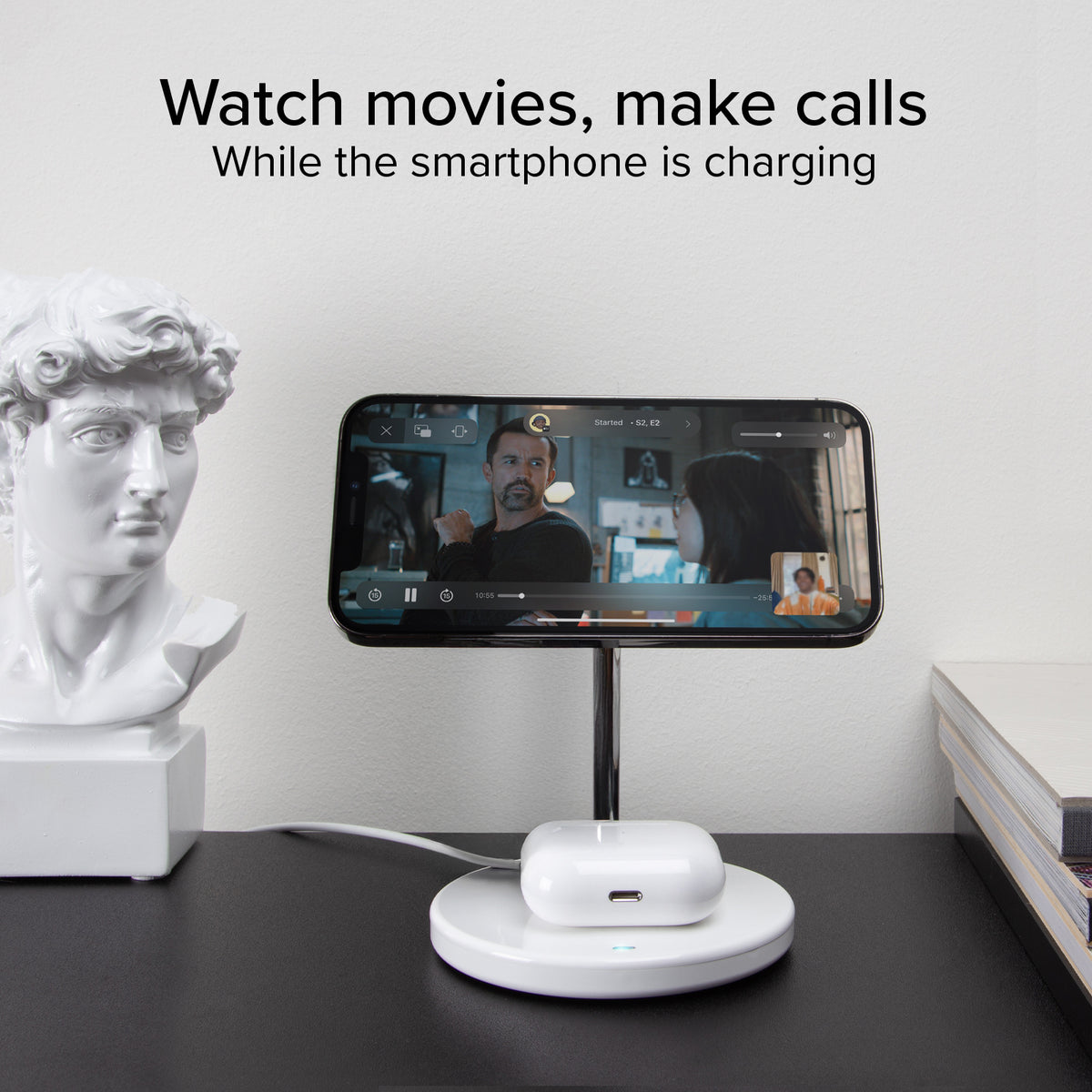 Estación de carga inalámbrica vertical 2 en 1 para iPhone, teléfonos Android, AirPods y auriculares TWS