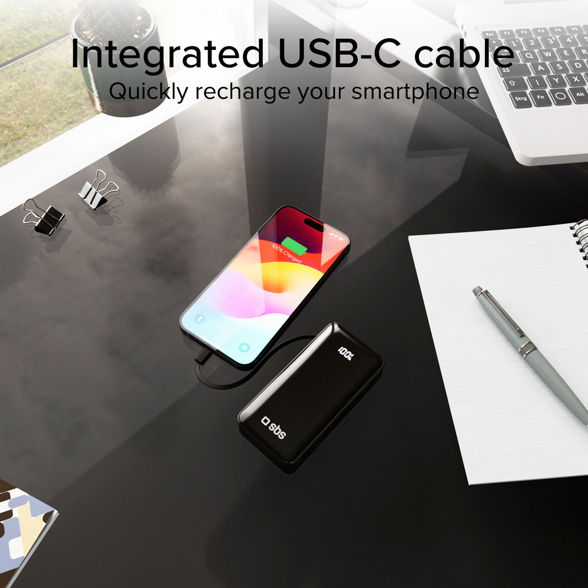Power Bank 10,000 mAh with built-in USB-C cable