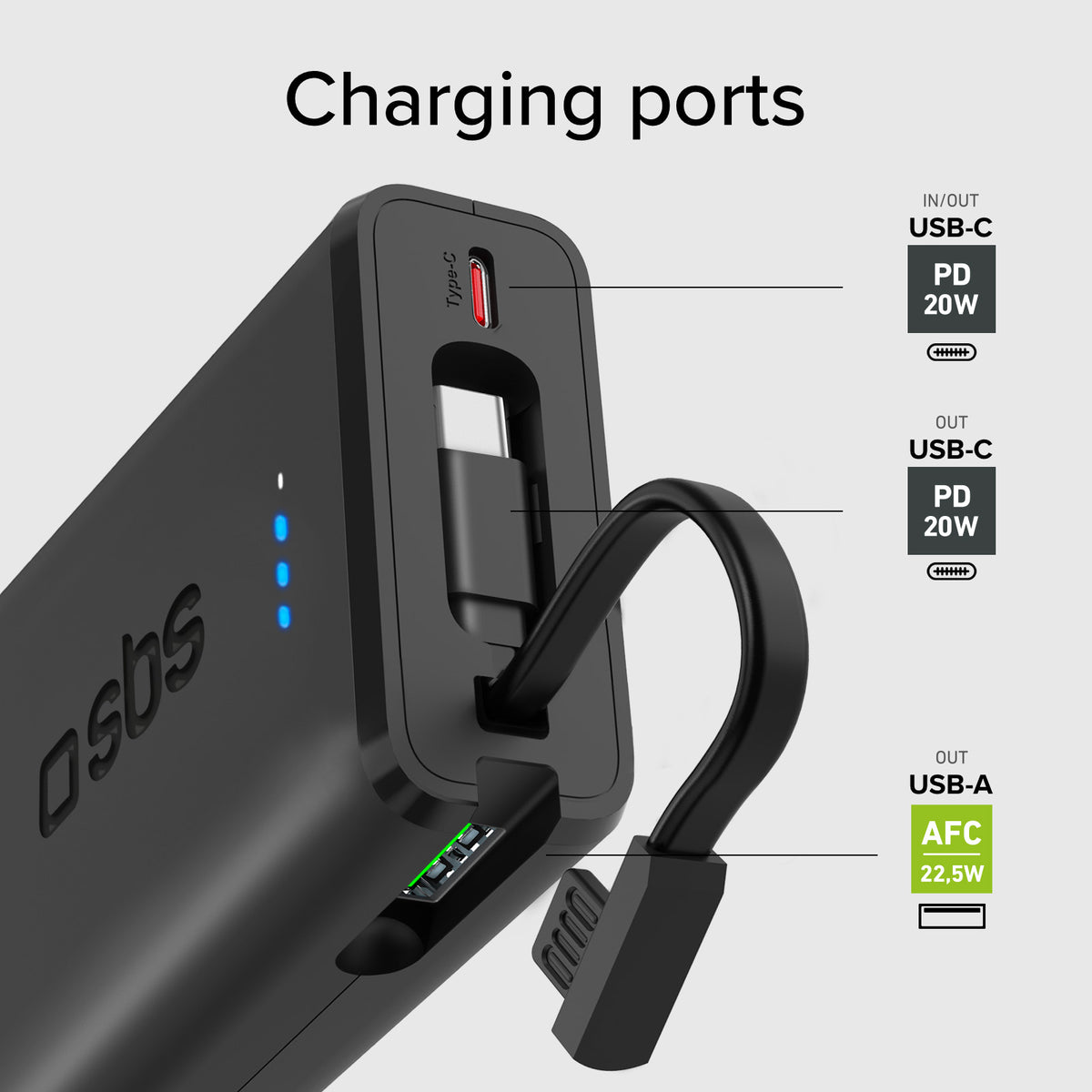 Power bank Power Delivery 20W 10000 mAh con cable USB-C integrado