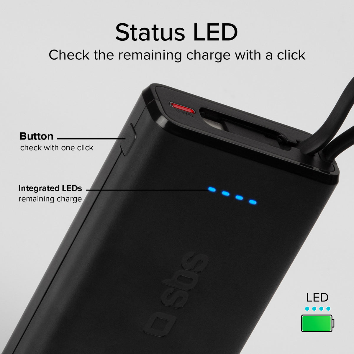 Power bank Power Delivery 20W 10000 mAh con cable USB-C integrado