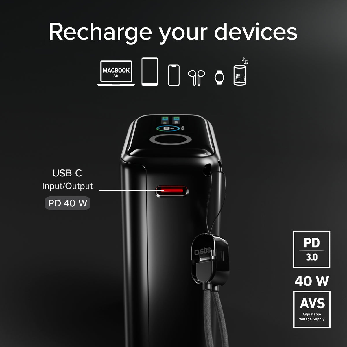 10000 mAh 40 W power bank with Power Delivery 3.2 and AVS, with included USB-C cable and TFT display