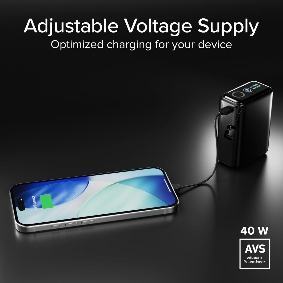 10000 mAh 40 W power bank with Power Delivery 3.2 and AVS, with included USB-C cable and TFT display