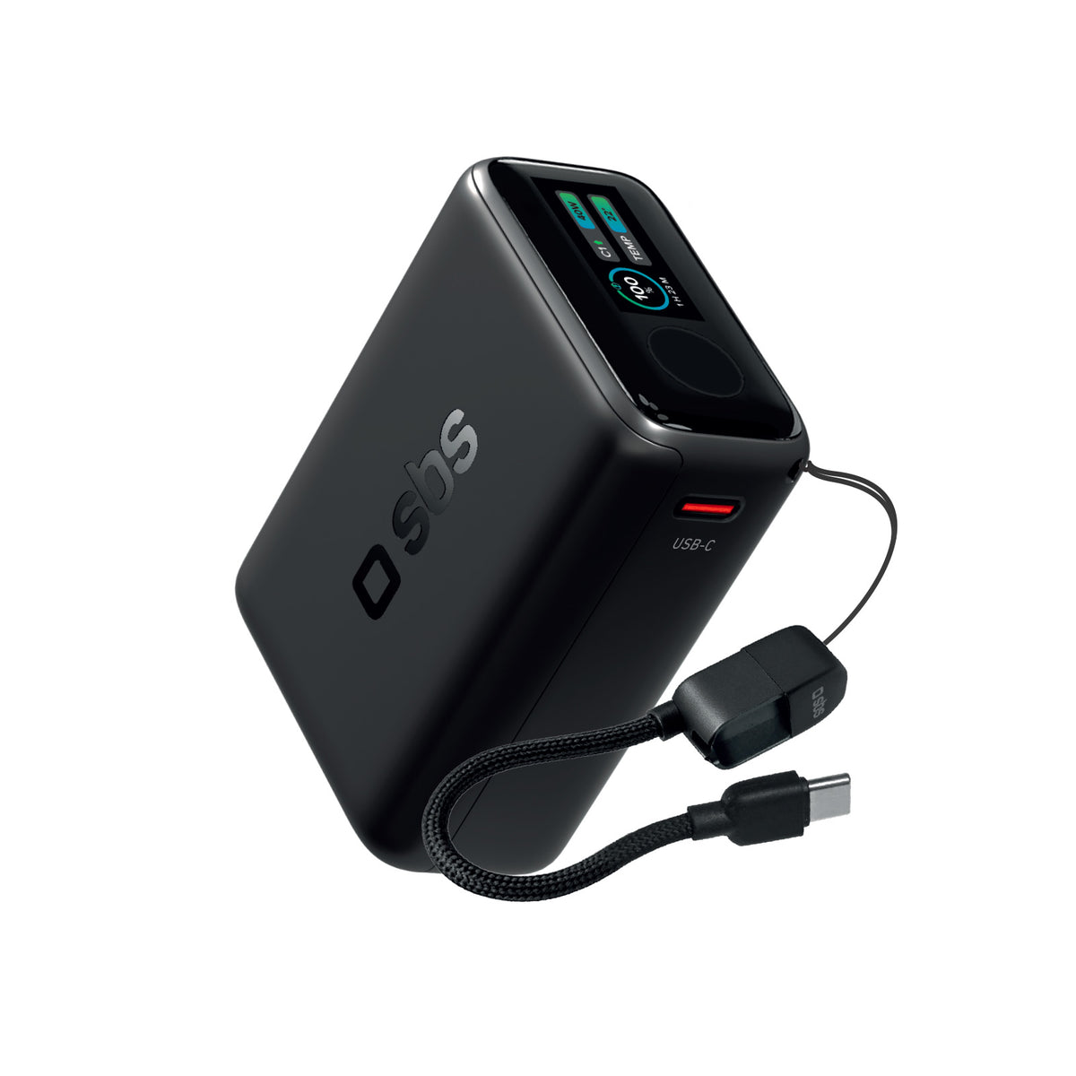 10000 mAh 40 W power bank with Power Delivery 3.2 and AVS, with included USB-C cable and TFT display