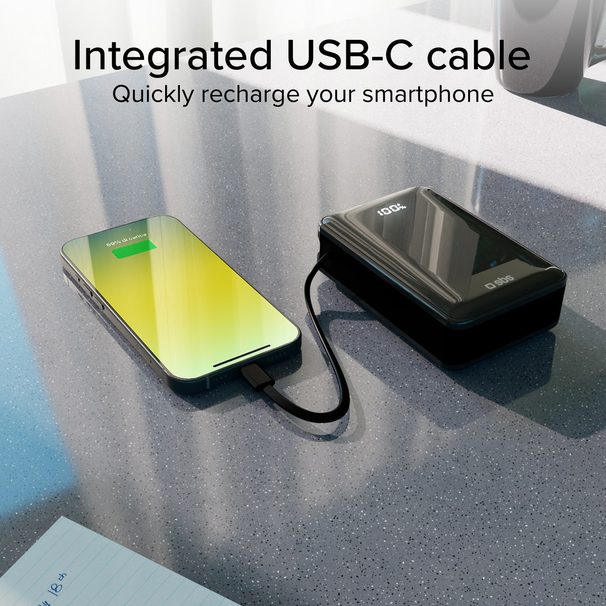Batería externa de 20.000 mAh con cable USB-C integrado, 1 USB-C Power Delivery de 20 W y USB-A de carga rápida de 22,5 W