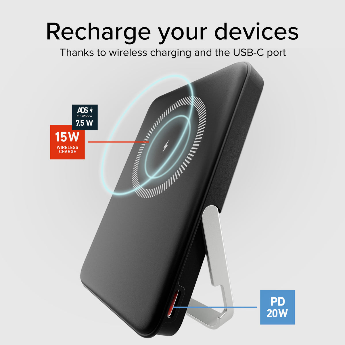 Power bank battery pack 5.000 mAh wireless con supporto stand integrato e LCD
