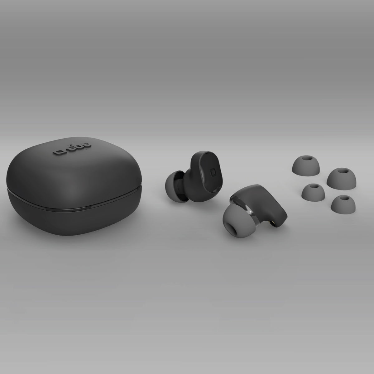 IPX4 water-resistant TWS earphones with touch controls, a charging case and voice assistant features, supplied with a charging cable and rubber tips