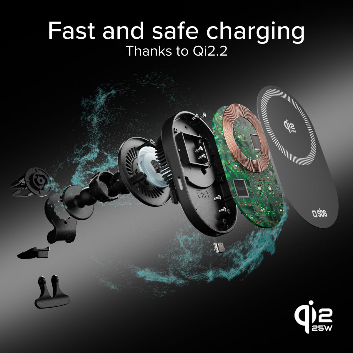 Support de voiture magnétique avec charge sans fil Qi2.2 25W