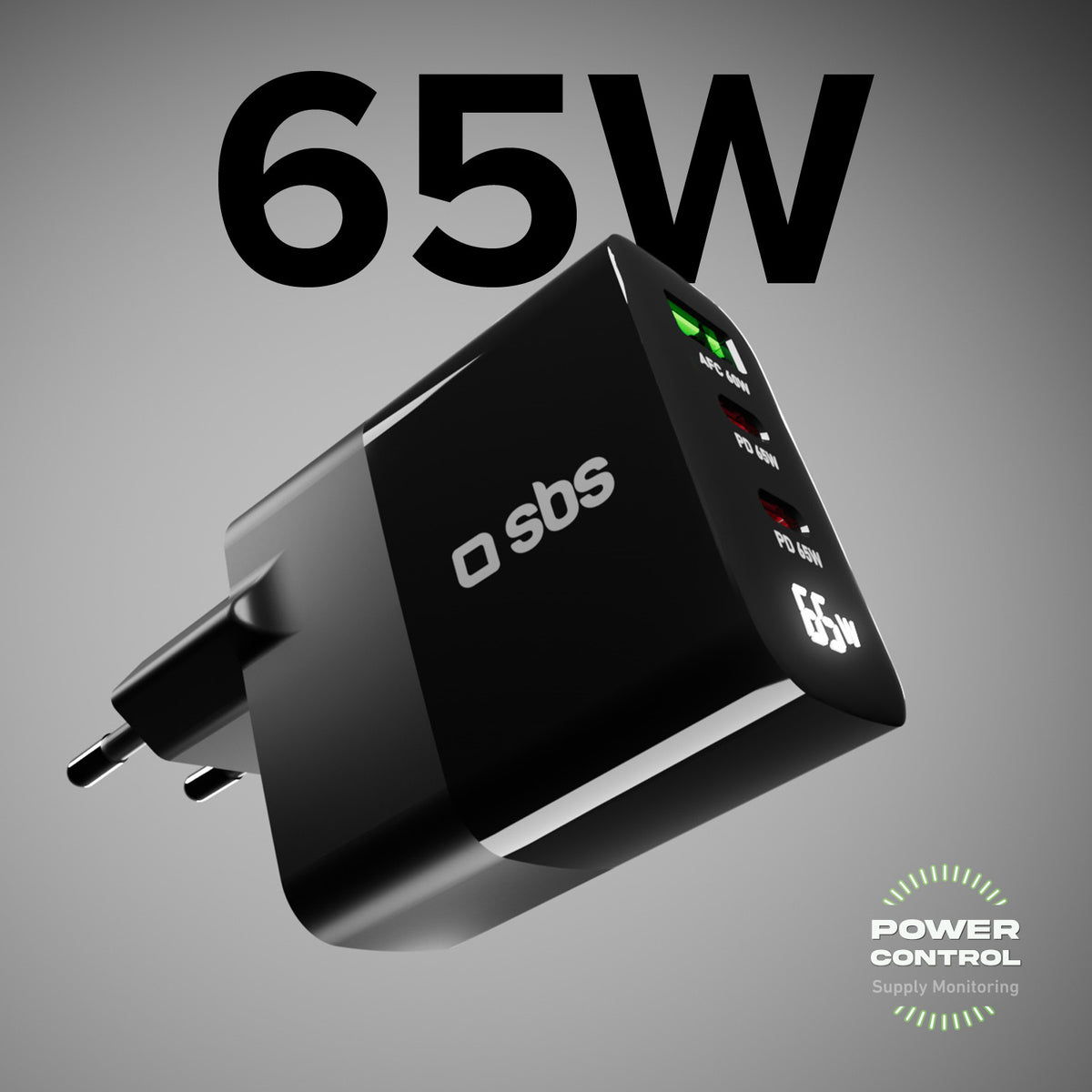 65-Watt-Ladegerät mit LCD-Display, 2 USB-C-Ausgängen für die Stromversorgung und 1 USB-A-Ausgang für die adaptive Schnellladung