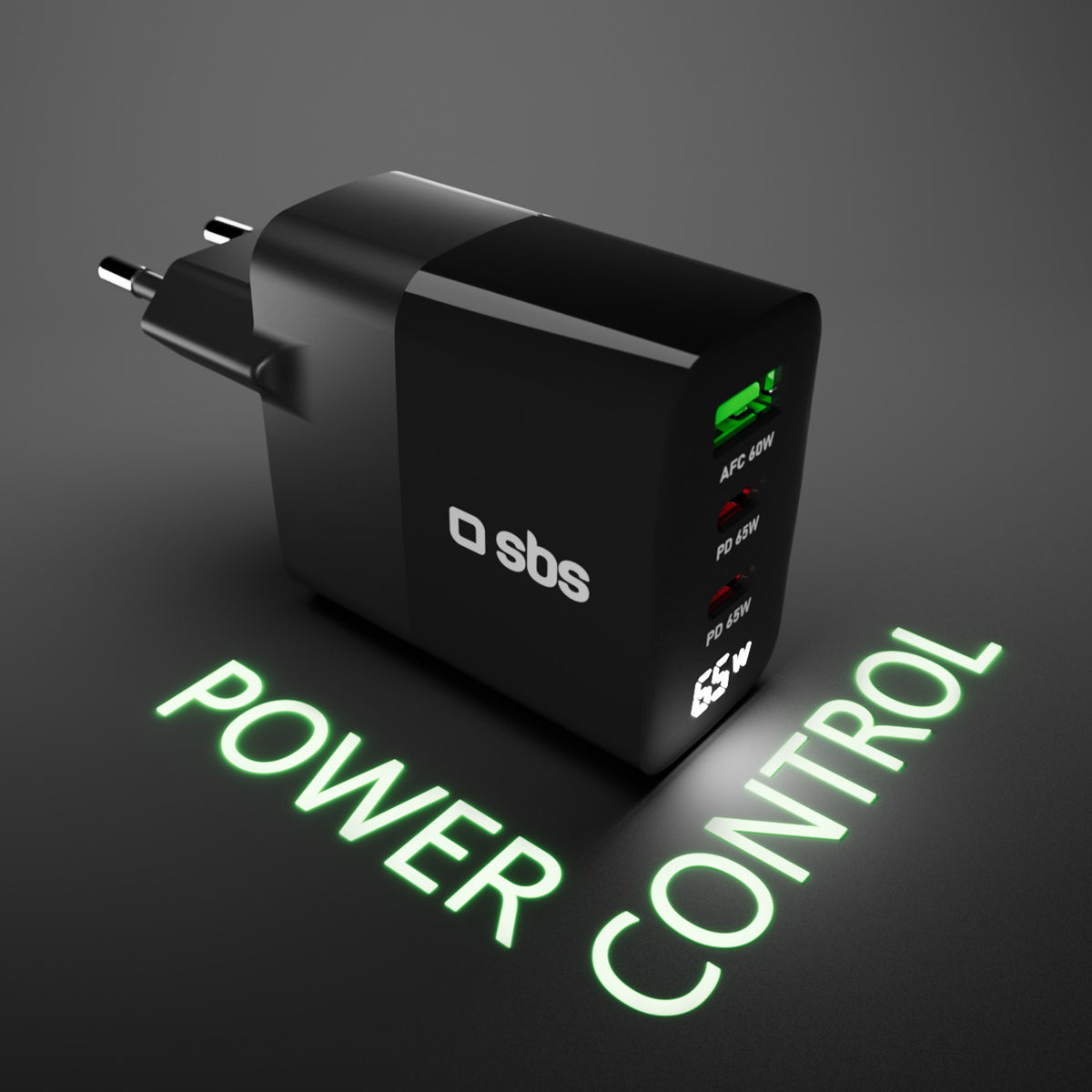 65-Watt-Ladegerät mit LCD-Display, 2 USB-C-Ausgängen für die Stromversorgung und 1 USB-A-Ausgang für die adaptive Schnellladung