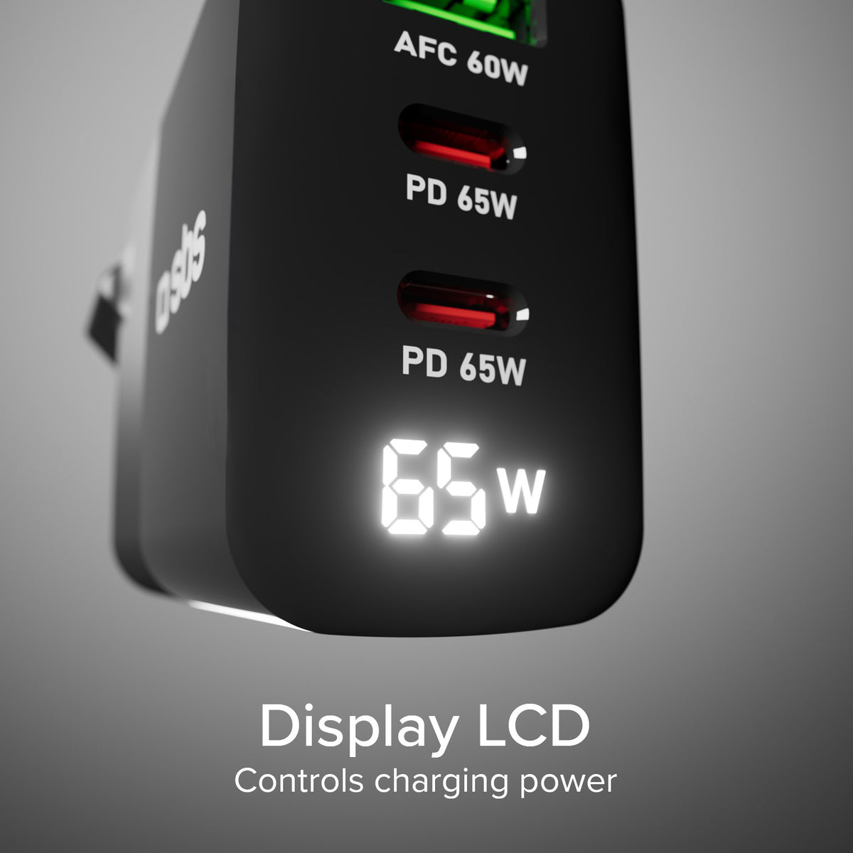 65-Watt-Ladegerät mit LCD-Display, 2 USB-C-Ausgängen für die Stromversorgung und 1 USB-A-Ausgang für die adaptive Schnellladung