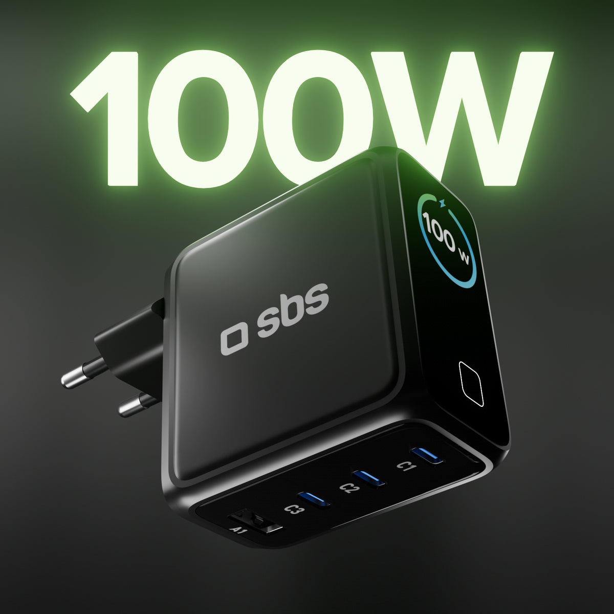 100 W USB-C charger with TFT display and 4 ports to quickly charge smartphones, tablets, laptops