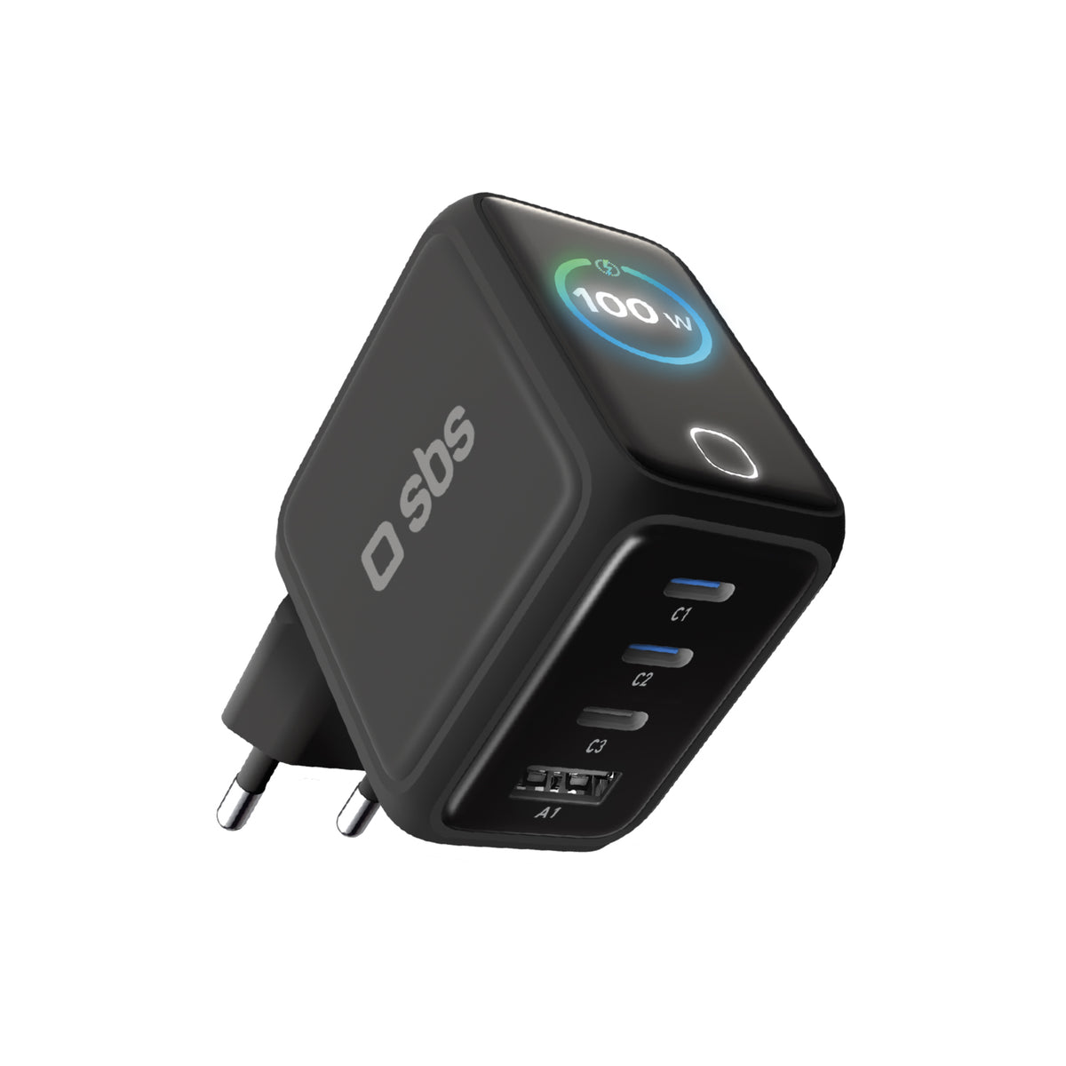 100 W USB-C charger with TFT display and 4 ports to quickly charge smartphones, tablets, laptops