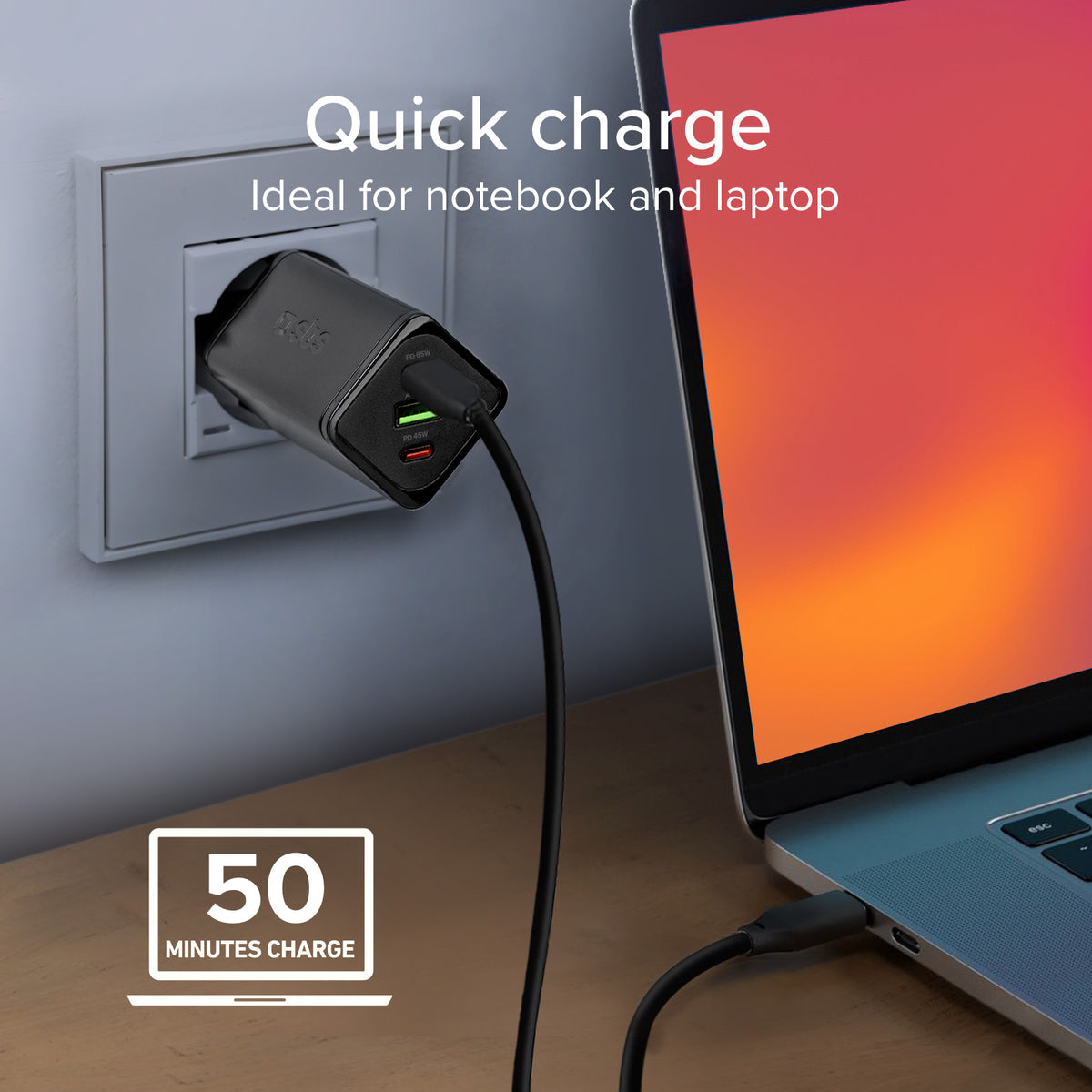 Chargeur de batterie GaN de 65 watts avec Power Delivery (PD)