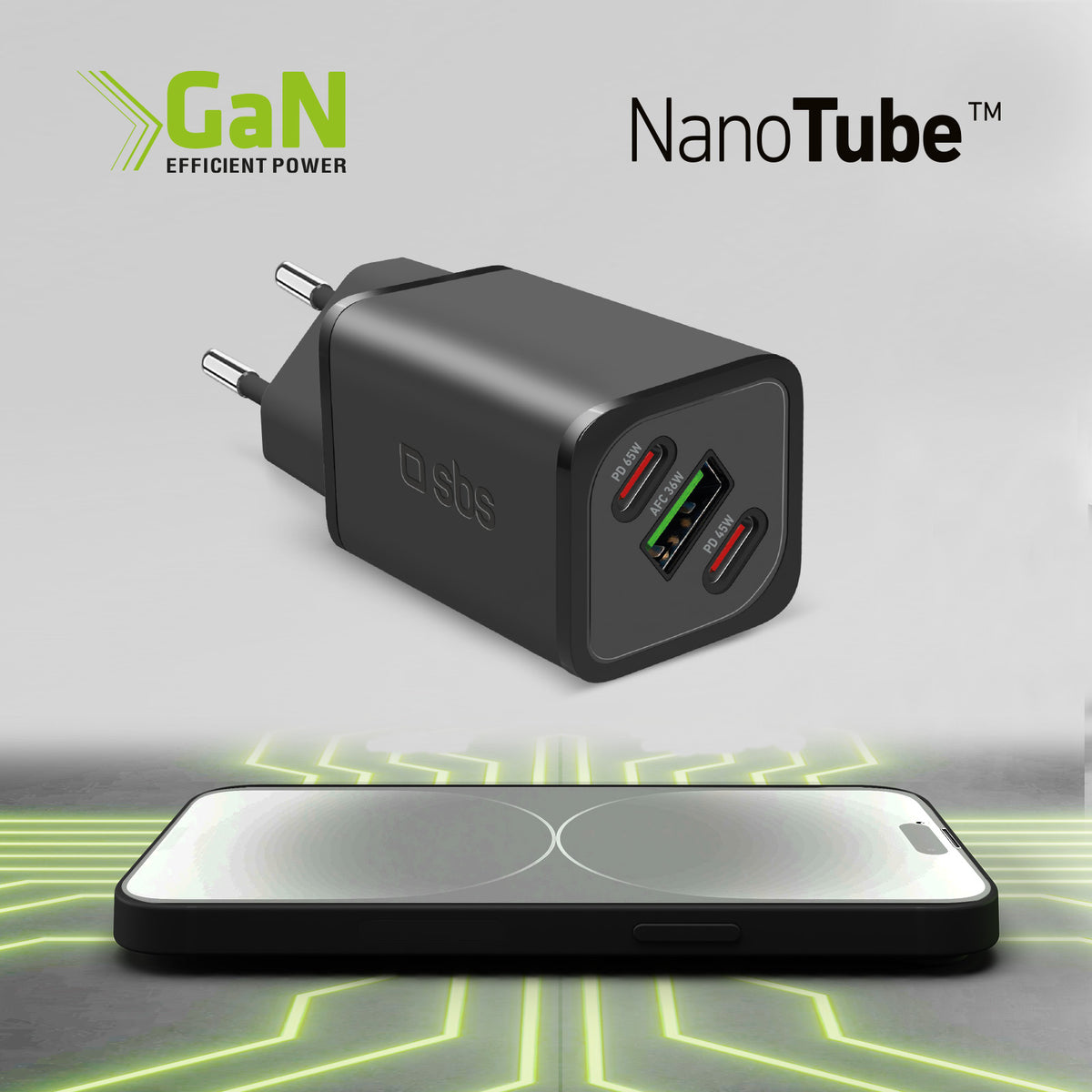 Chargeur de batterie GaN de 65 watts avec Power Delivery (PD)