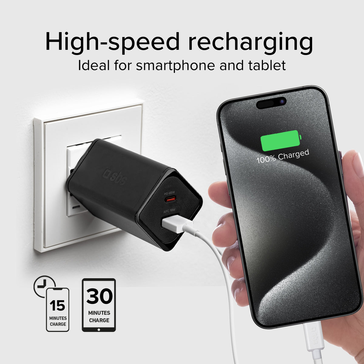  Chargeur GaN 65W USB‑C PD + USB‑A AFC