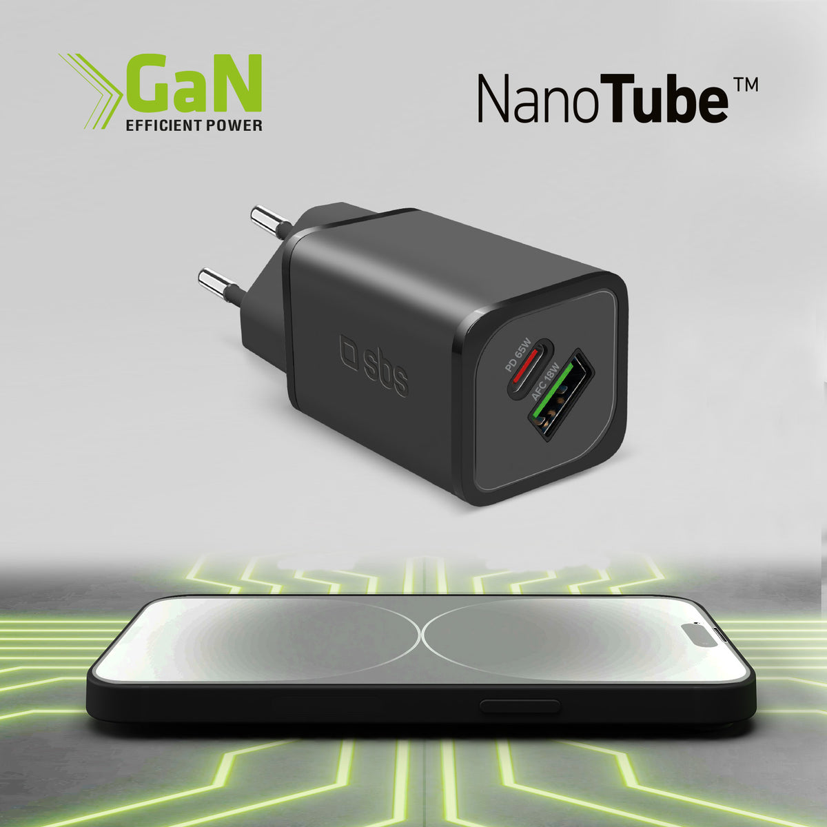  Chargeur GaN 65W USB‑C PD + USB‑A AFC