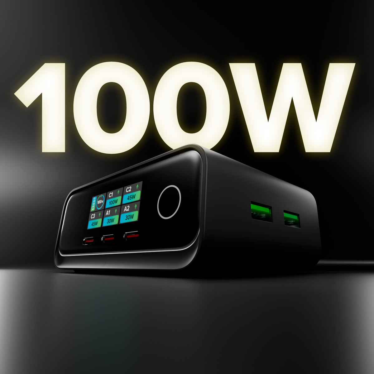 100W Power Delivery Desk Charging Station with TFT Display 3 USB-C Ports and 2 USB-A Ports, Ideal for Laptops