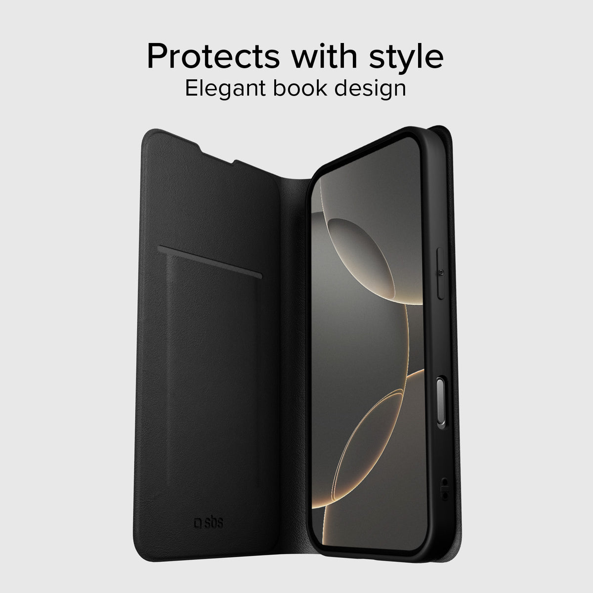 Book-style case with stand support and soft touch surface for iPhone 16
