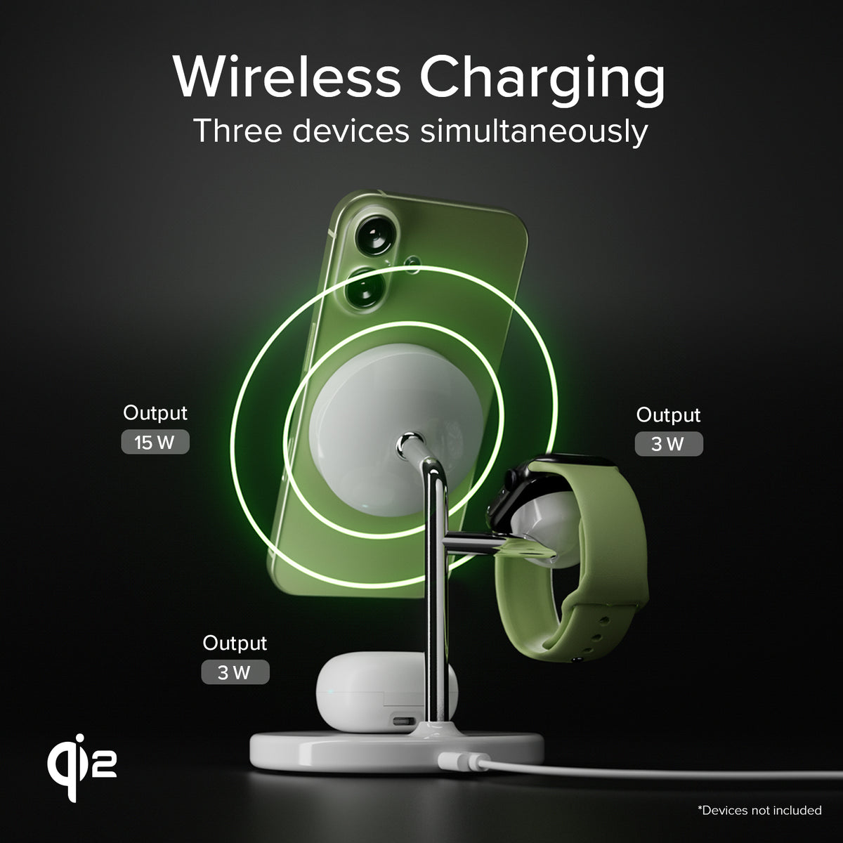 Stazione ricarica wireless Qi2 per cellulari, Apple Watch, auricolari wireless
